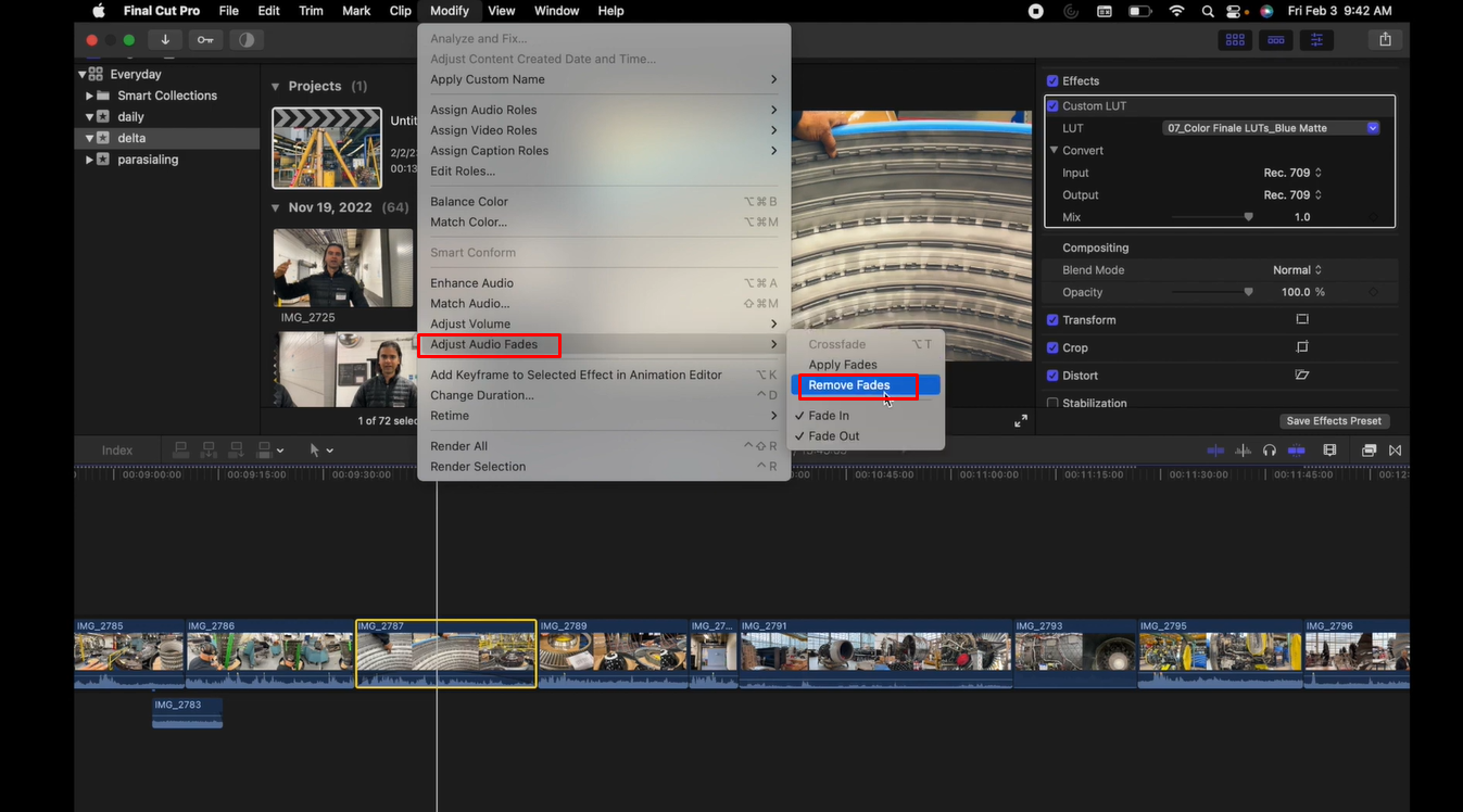 Нажмите на необходимую опцию, чтобы затухнуть звук Final Cut Pro