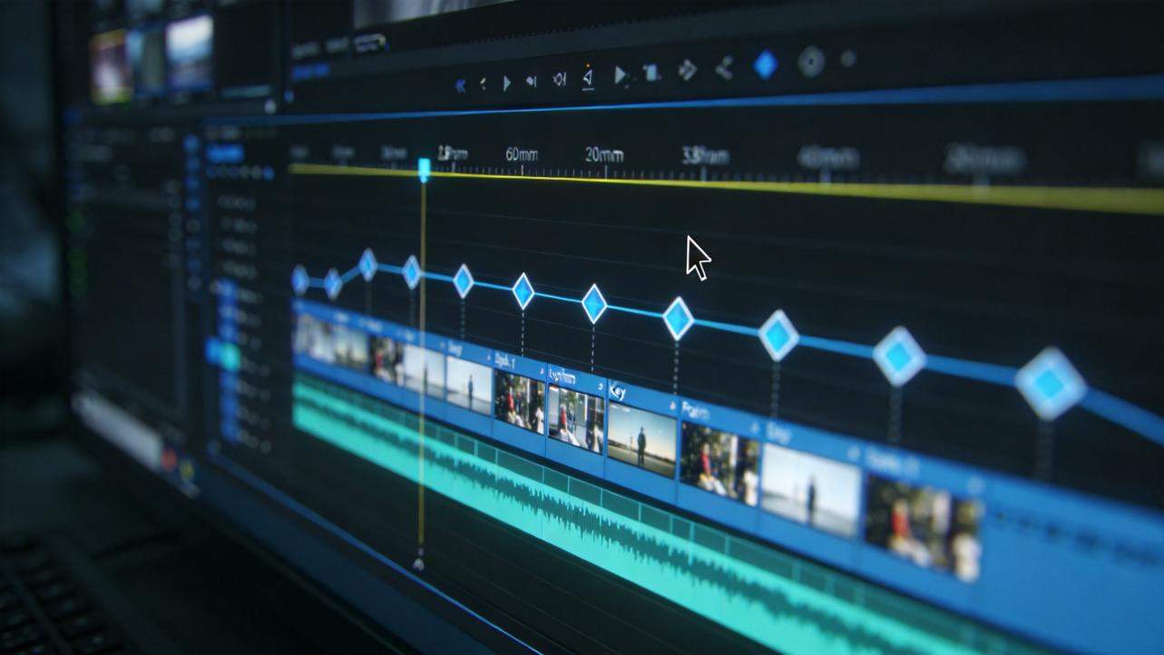Video editor timeline with keyframe diamonds and clip thumbnails