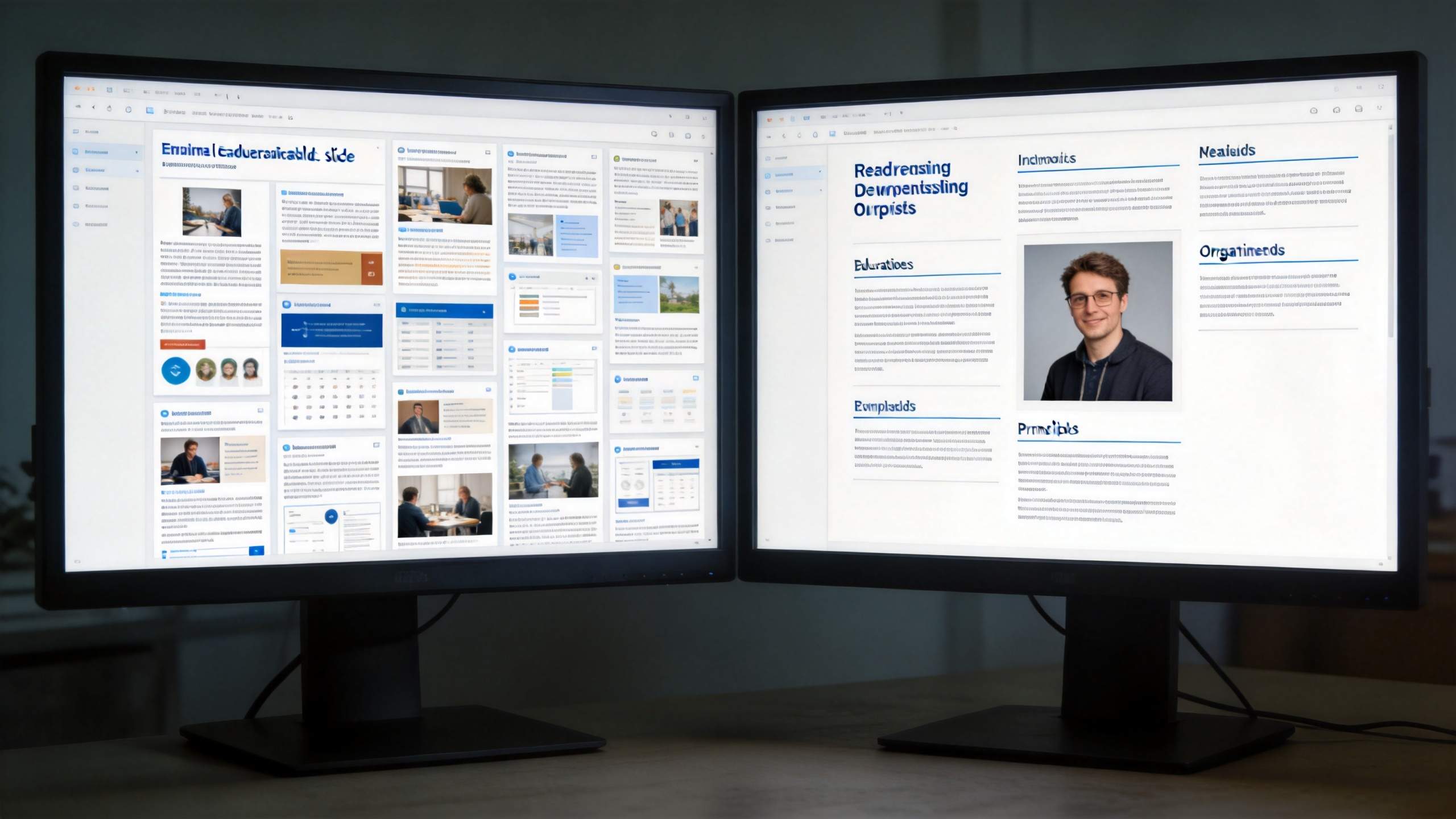Two monitors show slideshow template layouts with text blocks, thumbnails, and a portrait section