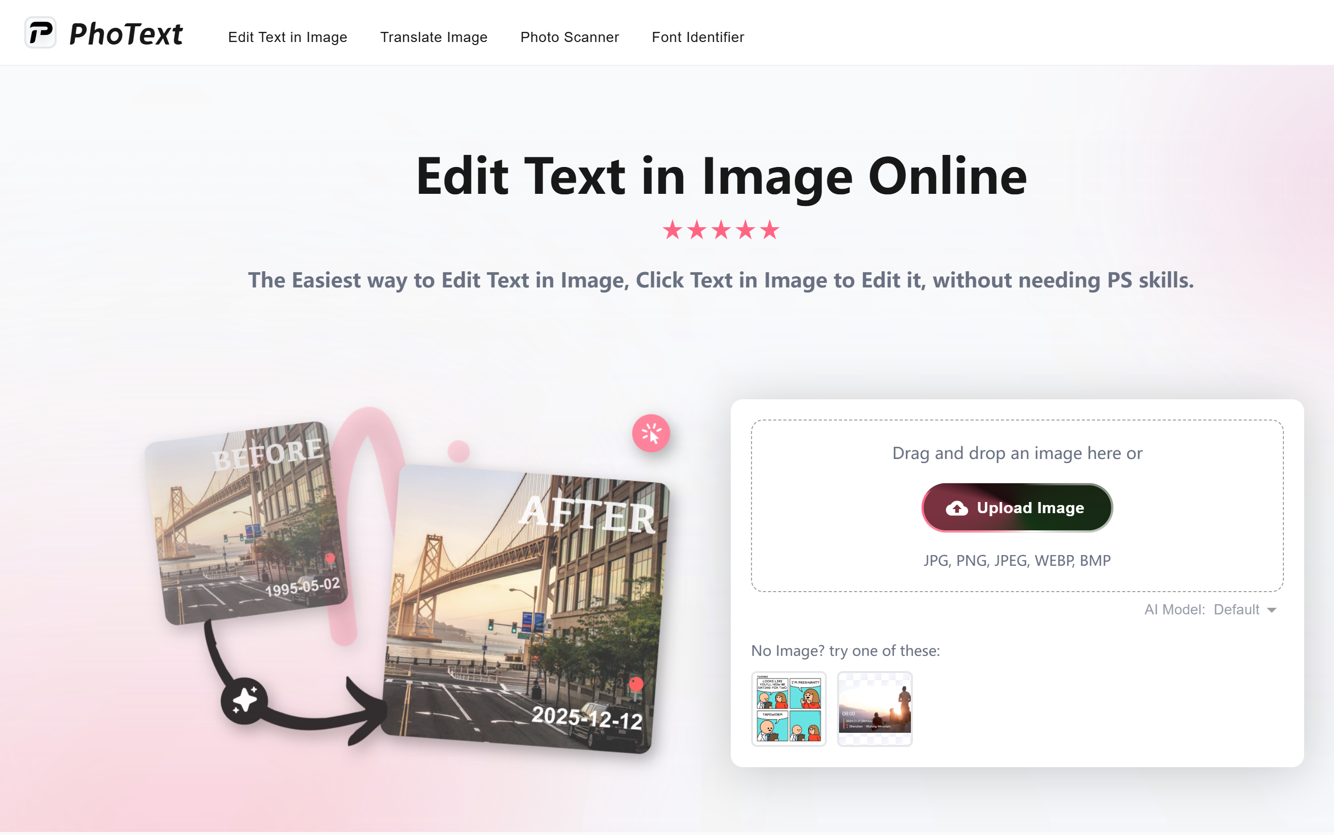 Інтерфейс Pho Text - безкоштовний онлайн редактор текстових фотографій