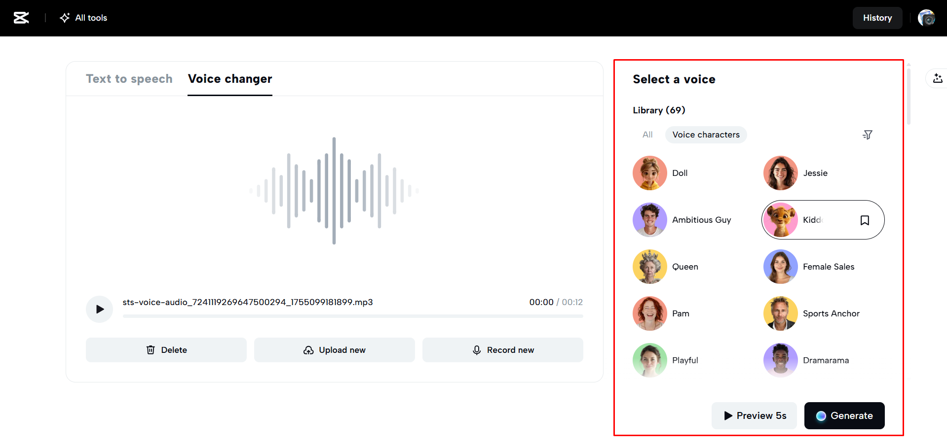 CapCut Web'de AI ile sesi değiştirme