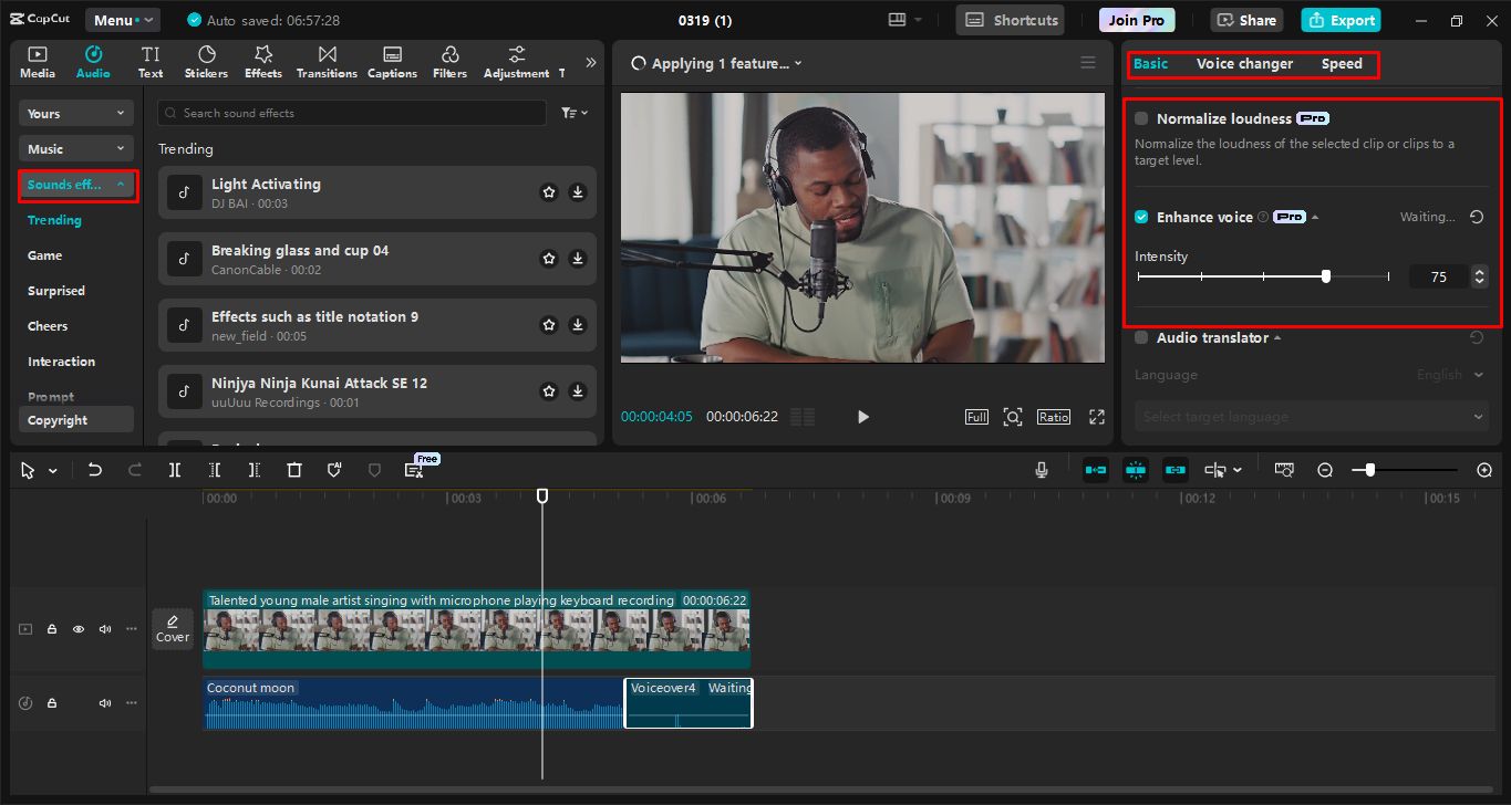Editing the audio using advanced tools of the CapCut desktop video editor
