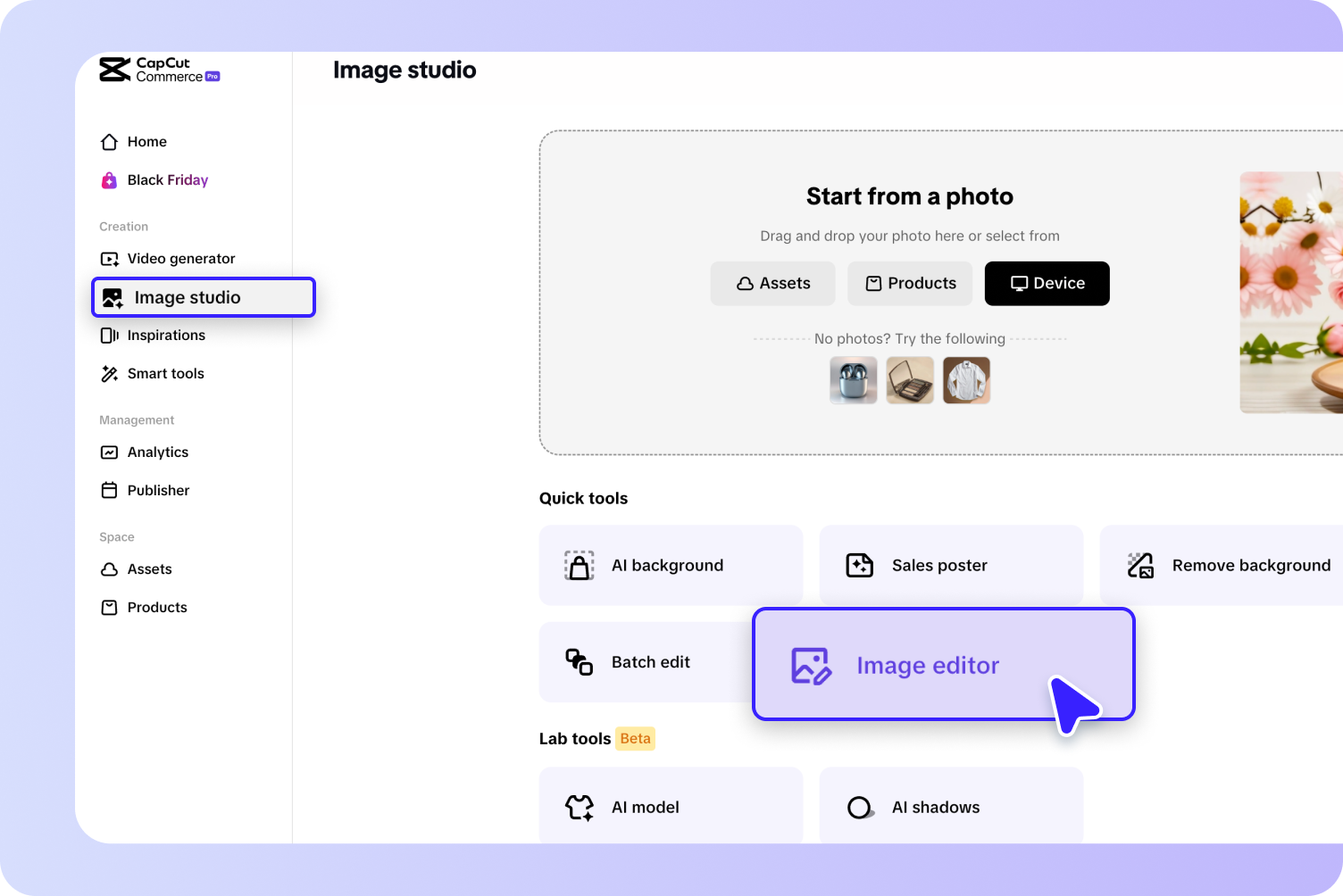 description=The Pippit interface showing the 'Image Studio' menu with the 'Upscale Image' and 'Image Editor' options highlighted.