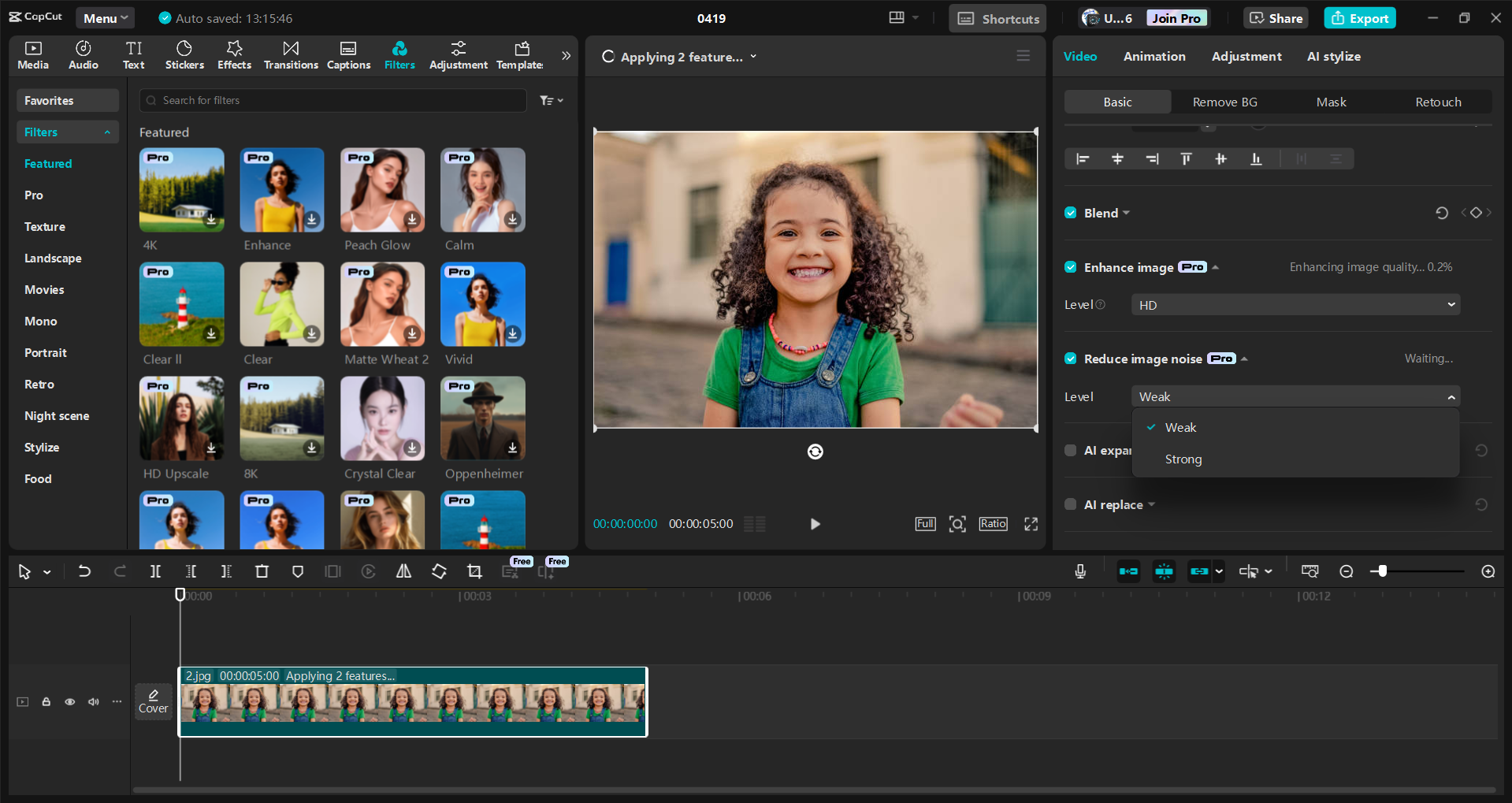 Interfaccia dell' CapCut editor video desktop - uno dei migliori ritoccatori di foto AI