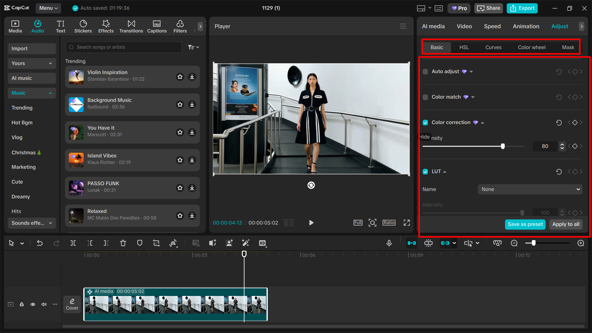 Smart color correction tool in CapCut