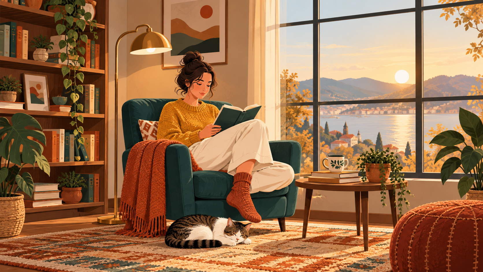 Ilustrație plată AI solicită: Home Reading Corner