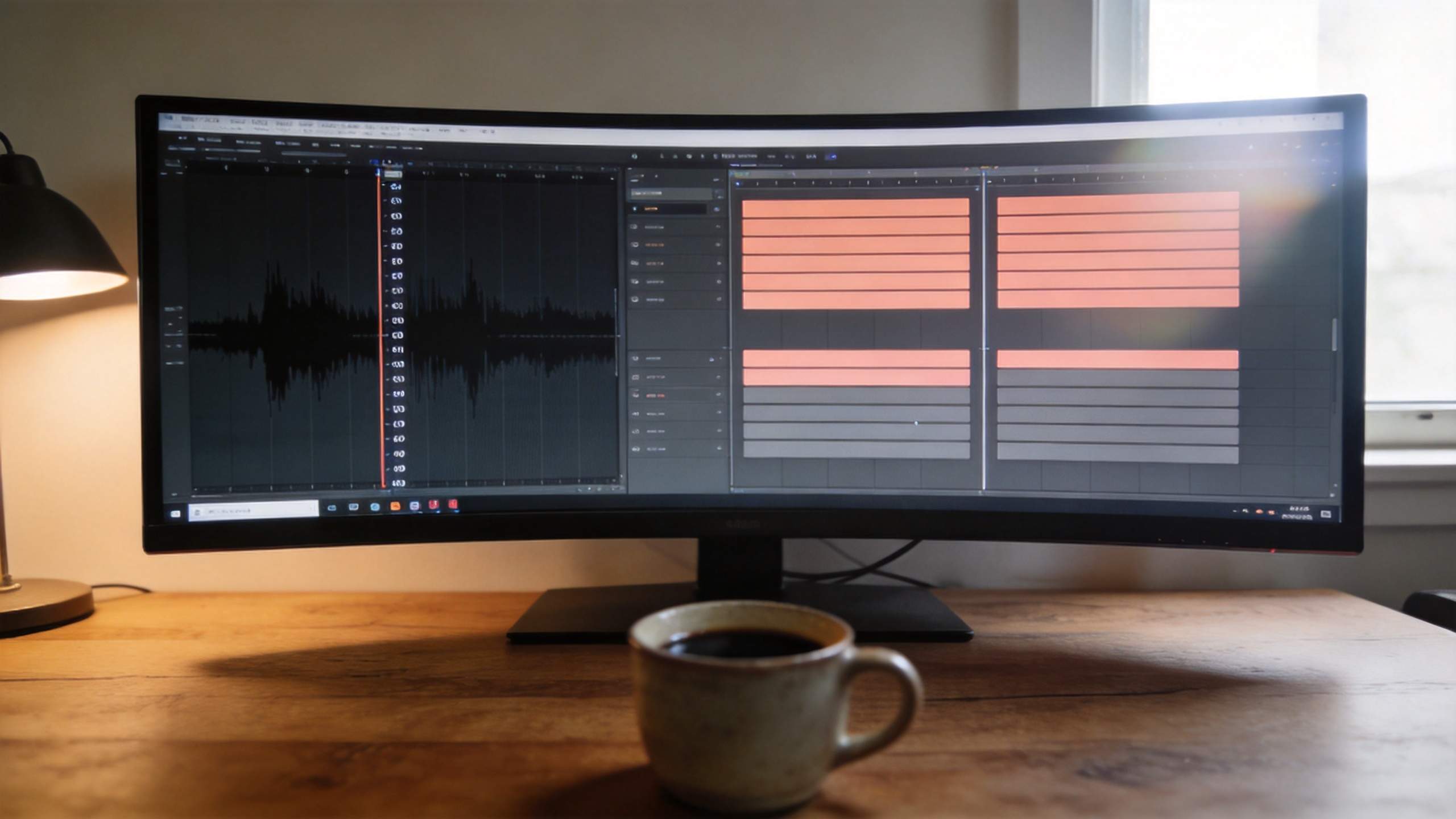 Curved monitor showing audio waveform and stacked subtitle blocks in an editing timeline