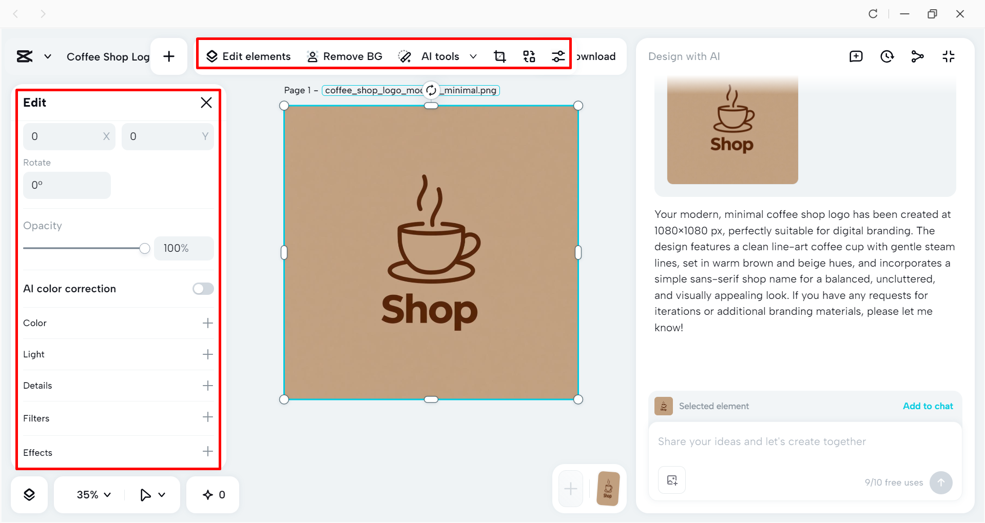 Using built-in tools to edit the coffee shop logo design in the CapCut desktop video editor
