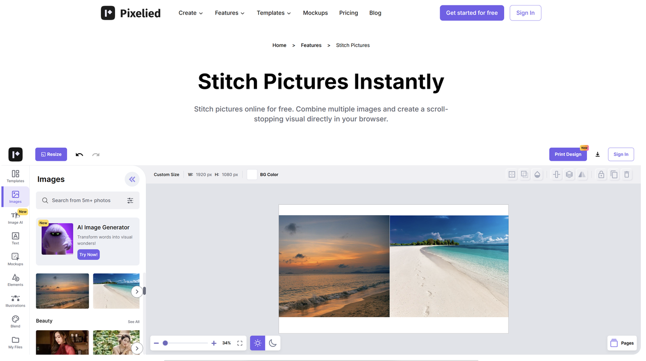 Interface of Pixelied - an easy way to stitch pics online