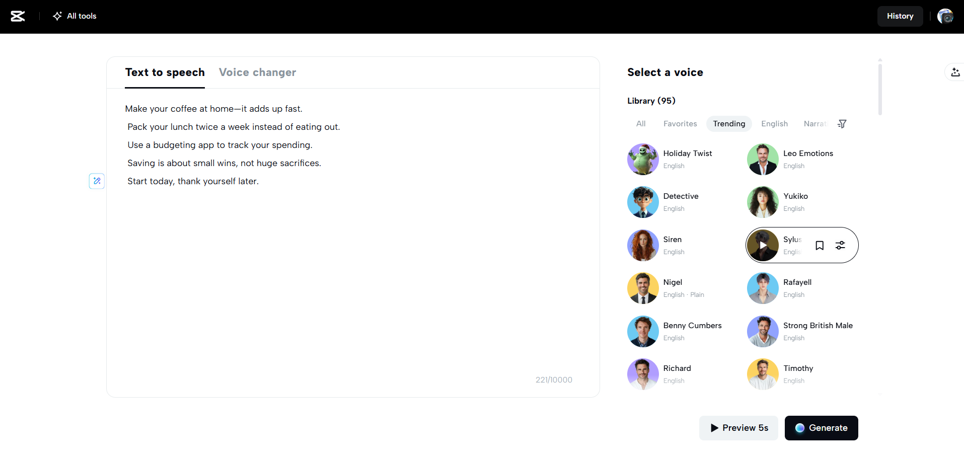 Interface of CapCut Web - the most liked tool for text to speech conversions