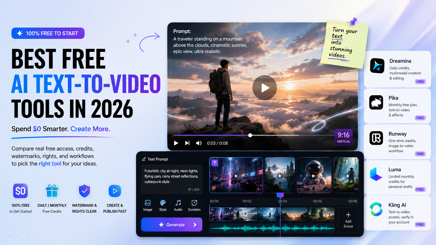 Best Free AI Text-to-Video Tools in 2026: Runway, Pika, Kling, Luma—and the $0 Catch