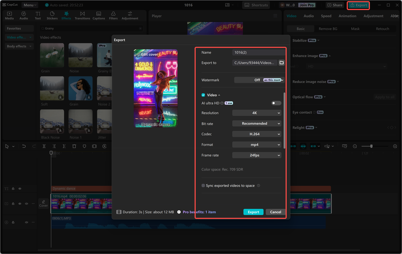 Esportazione o condivisione del video dall' CapCut editor video desktop