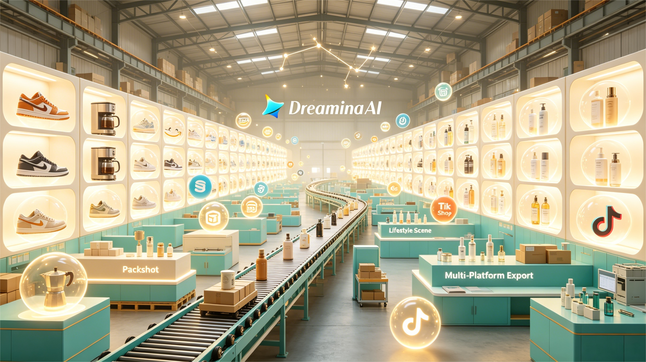 Dreamina AI generating ecommerce product images with catalog accuracy, lifestyle scenes, and platform-optimized formats for online sellers.