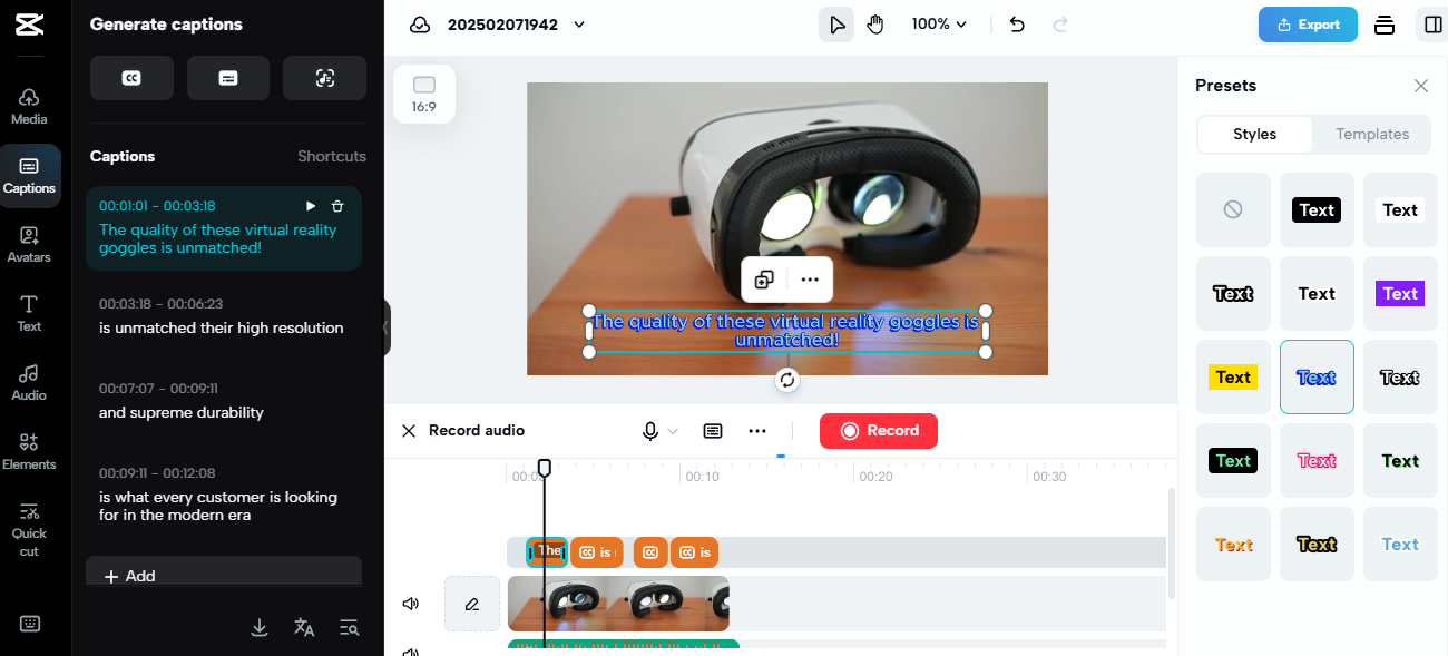 Interfejs edycji prezentujący gogle wirtualnej rzeczywistości, idealne dla niszowego rynku dropshippingu.