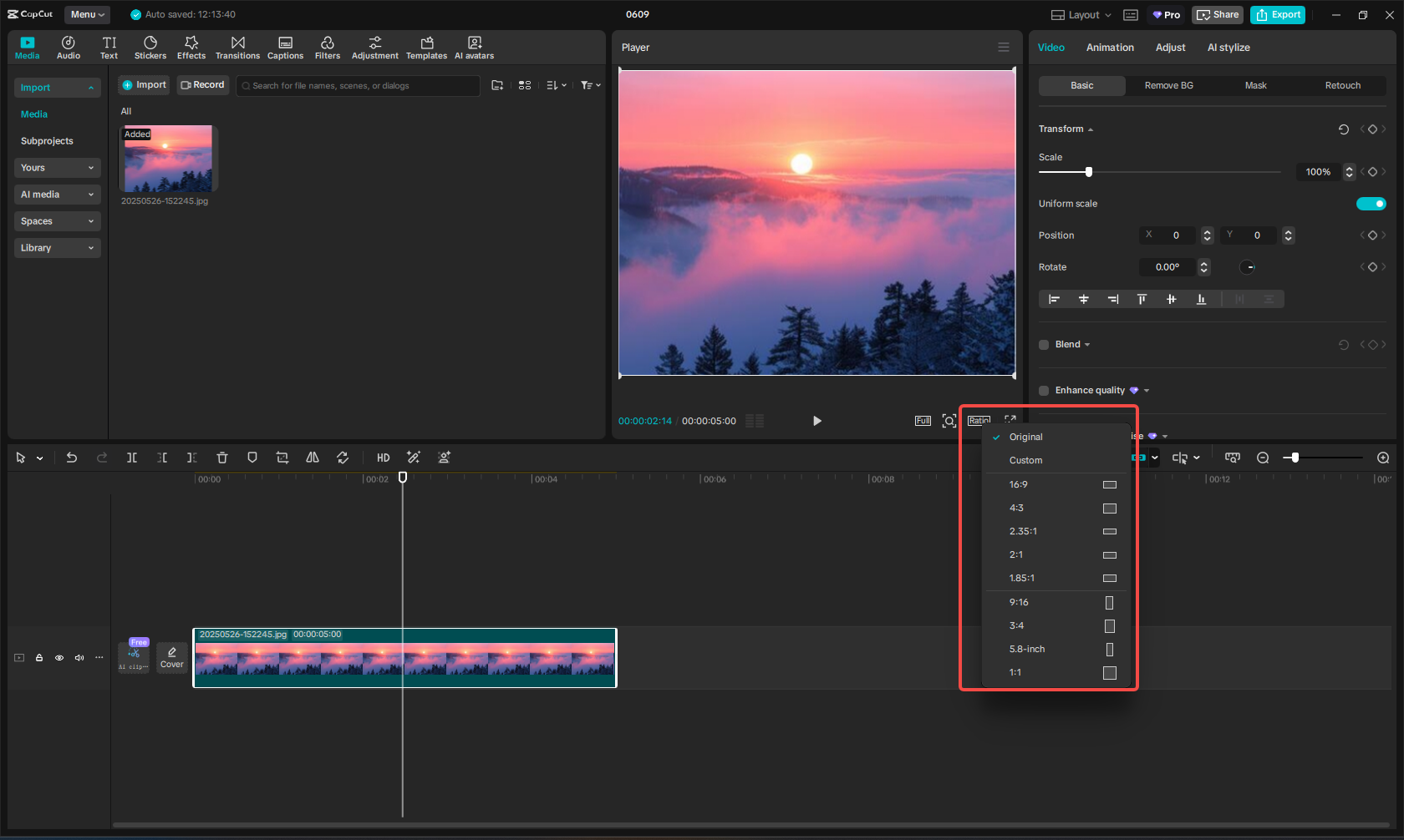 Using the "Ratio" tool in CapCut