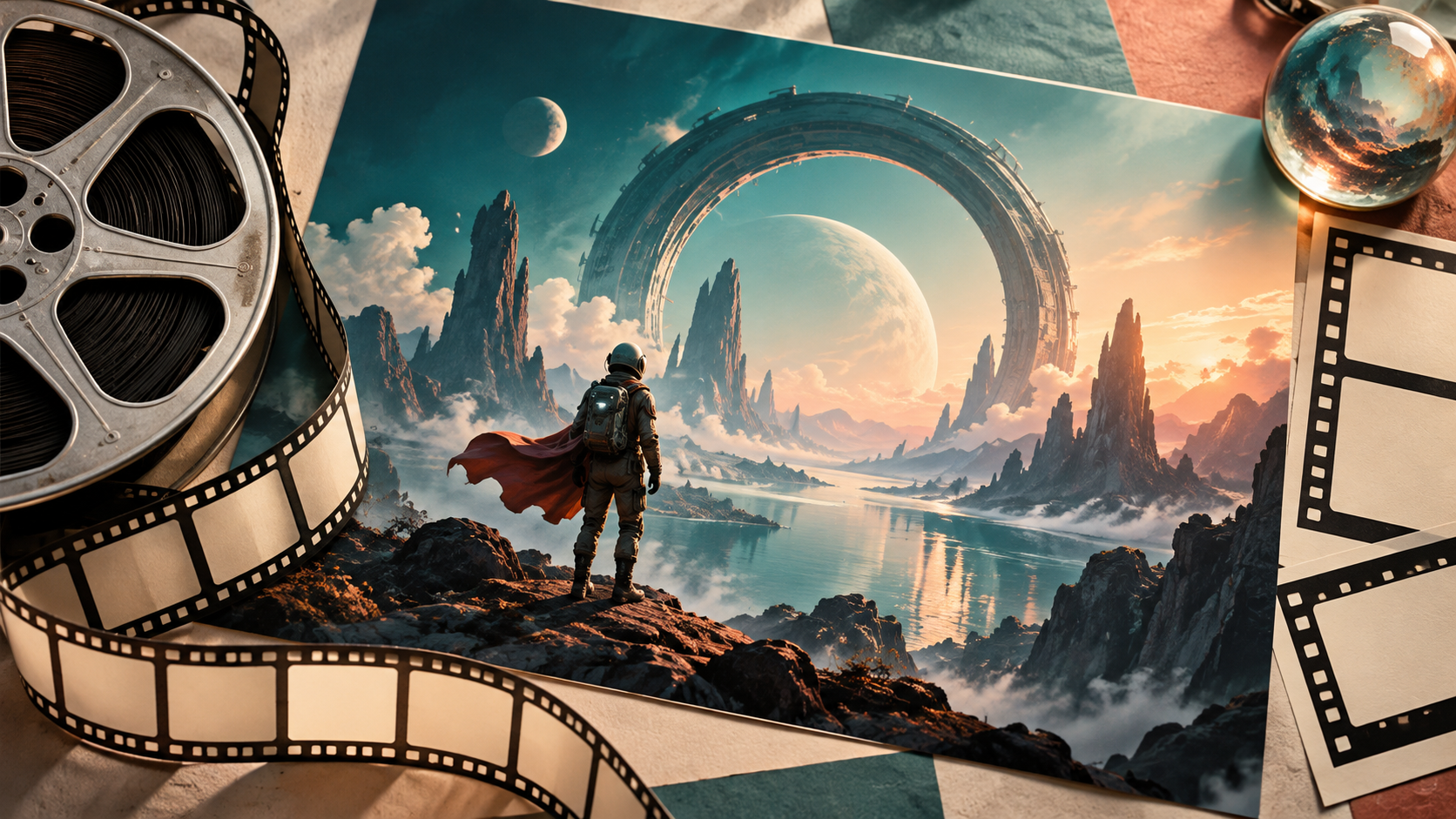 A science-fiction poster concept with an explorer and distant gateway