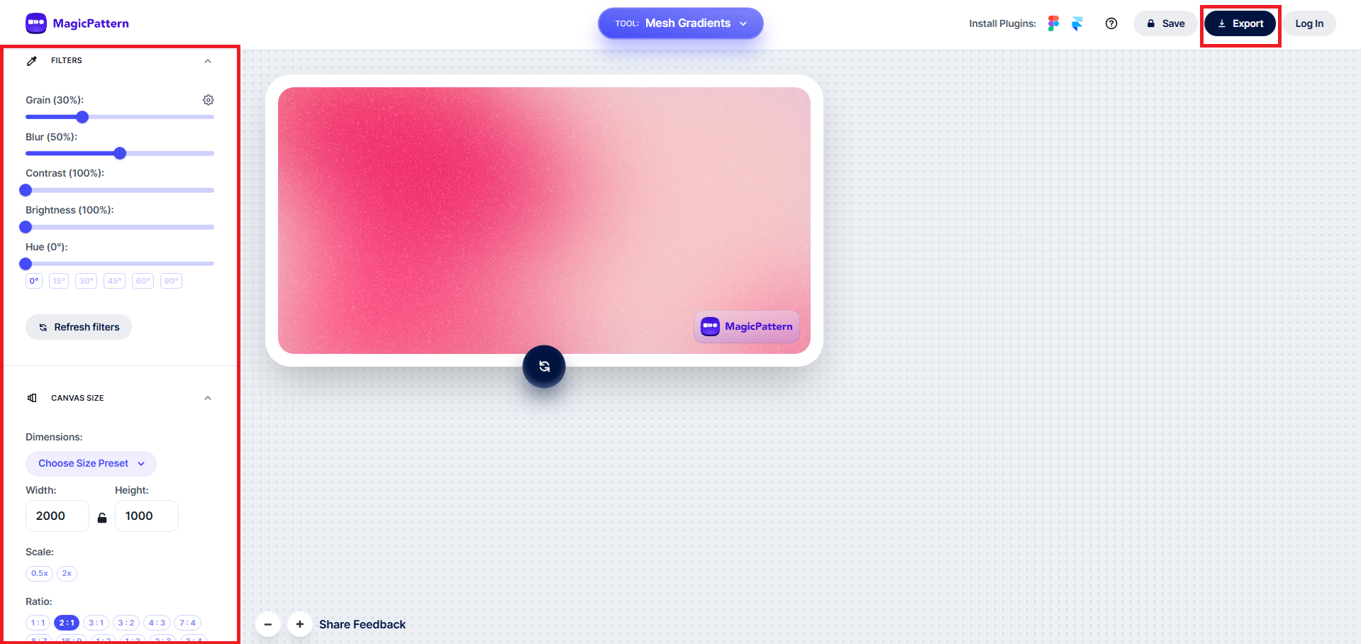 Apply filters, adjust size, and export