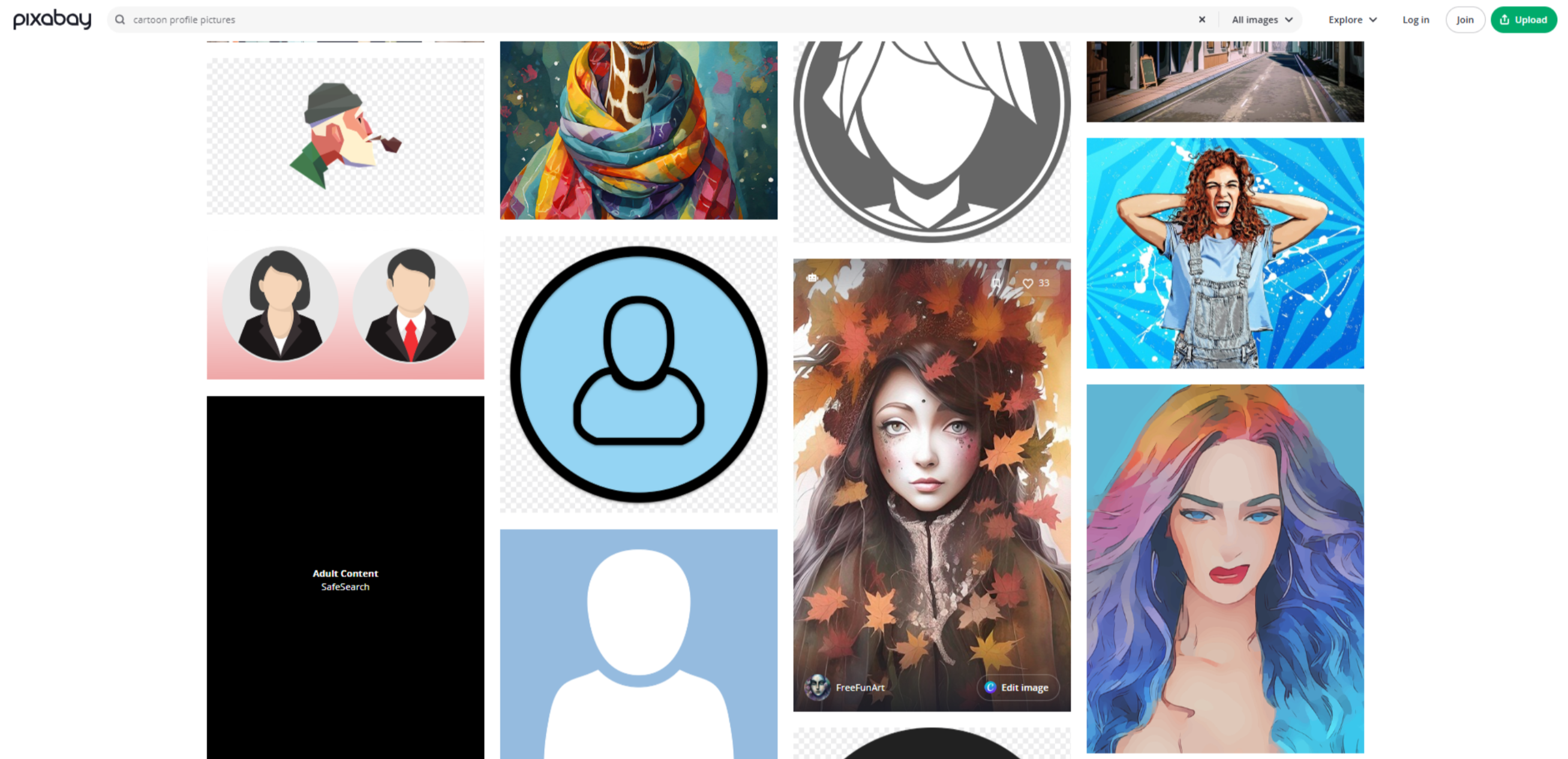 Interface of Pixabay - the most liked place to find Instagram cartoon profile pictures