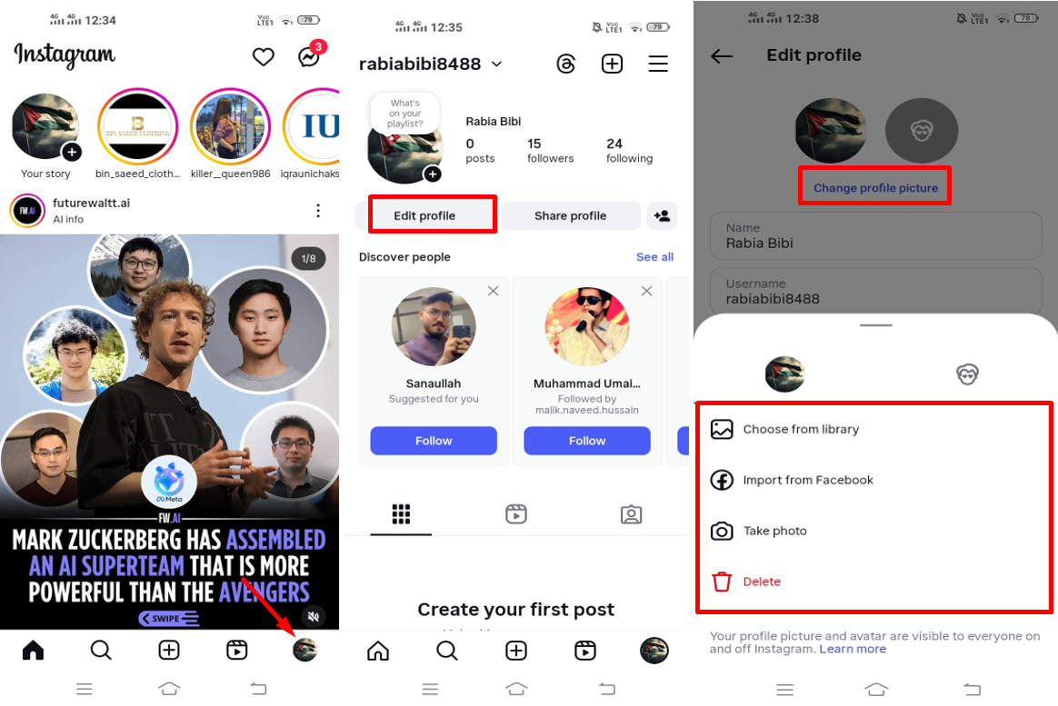 Image indicating how to edit an Instagram profile picture