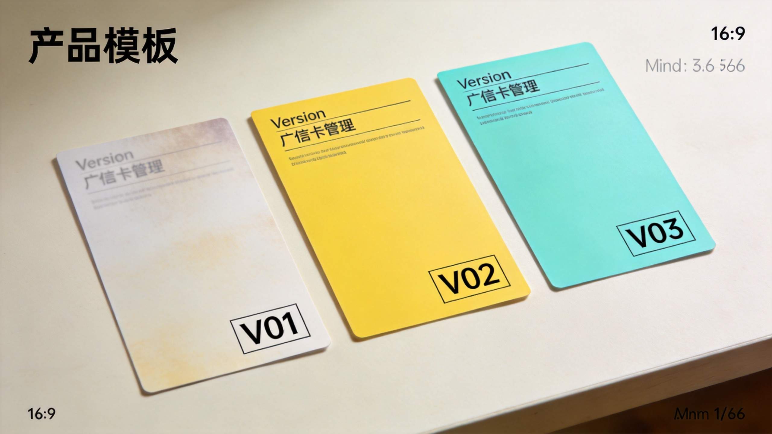 Three colorful version cards labeled V01, V02, and V03 on a table