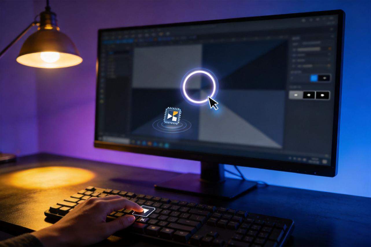 Hand on keyboard with a glowing key and cursor highlighting on a monitor