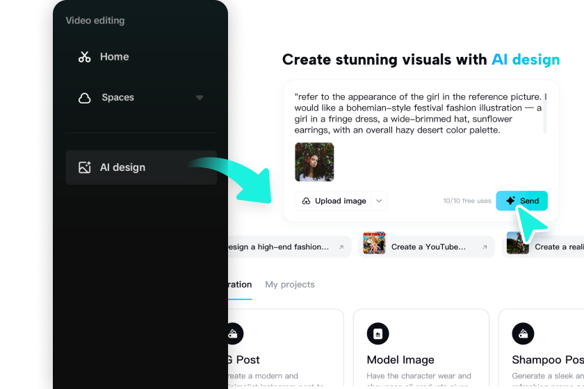 Apply the CapCut AI design tool and enter a text prompt