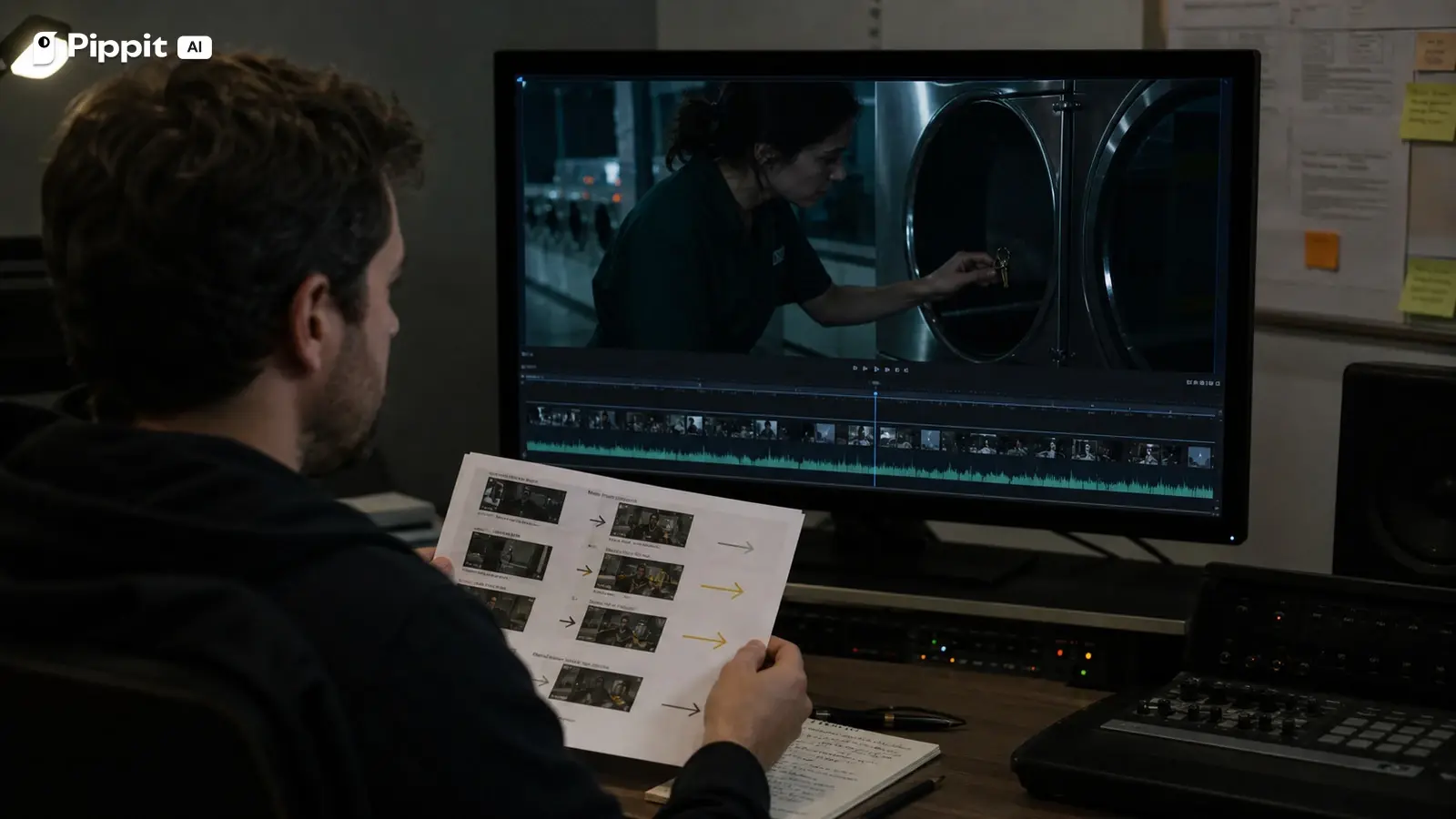An editor checks a silent laundromat rough cut against printed continuity and screen direction notes.