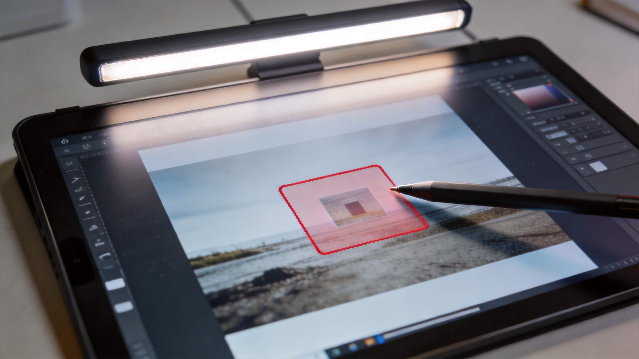 Tablet photo editor with a red selection box around part of a landscape and a stylus touching the screen