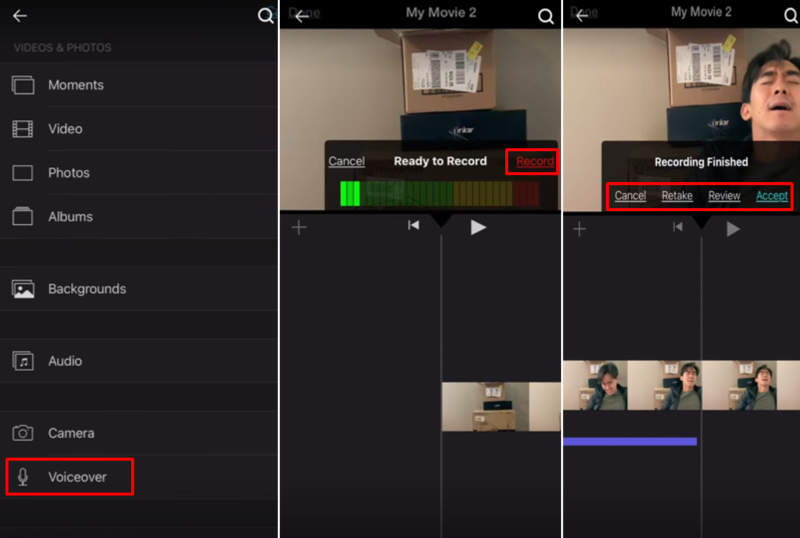 Изображение, показывающее, как сделать озвучку iMovie на iPhone