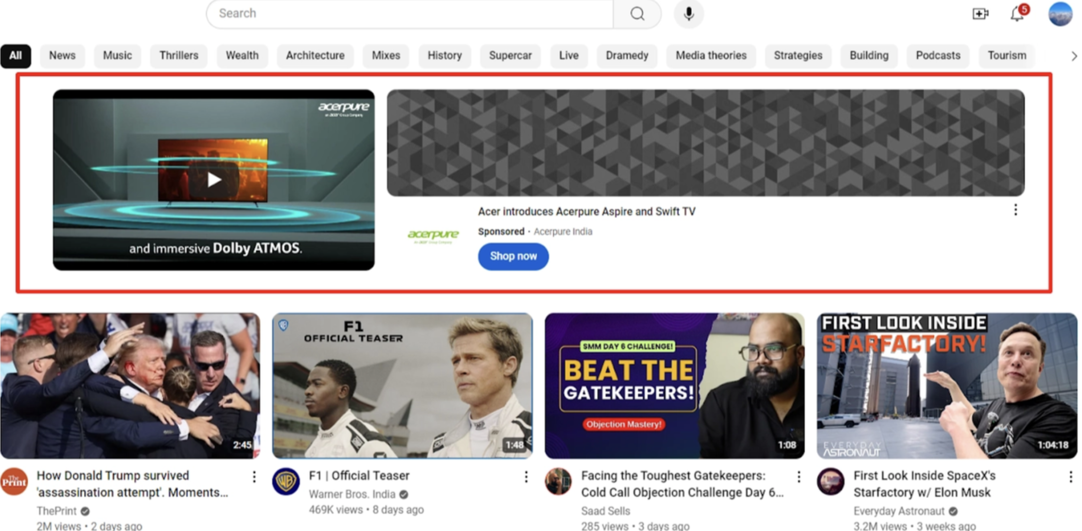 Типы рекламы YouTube-Masthead