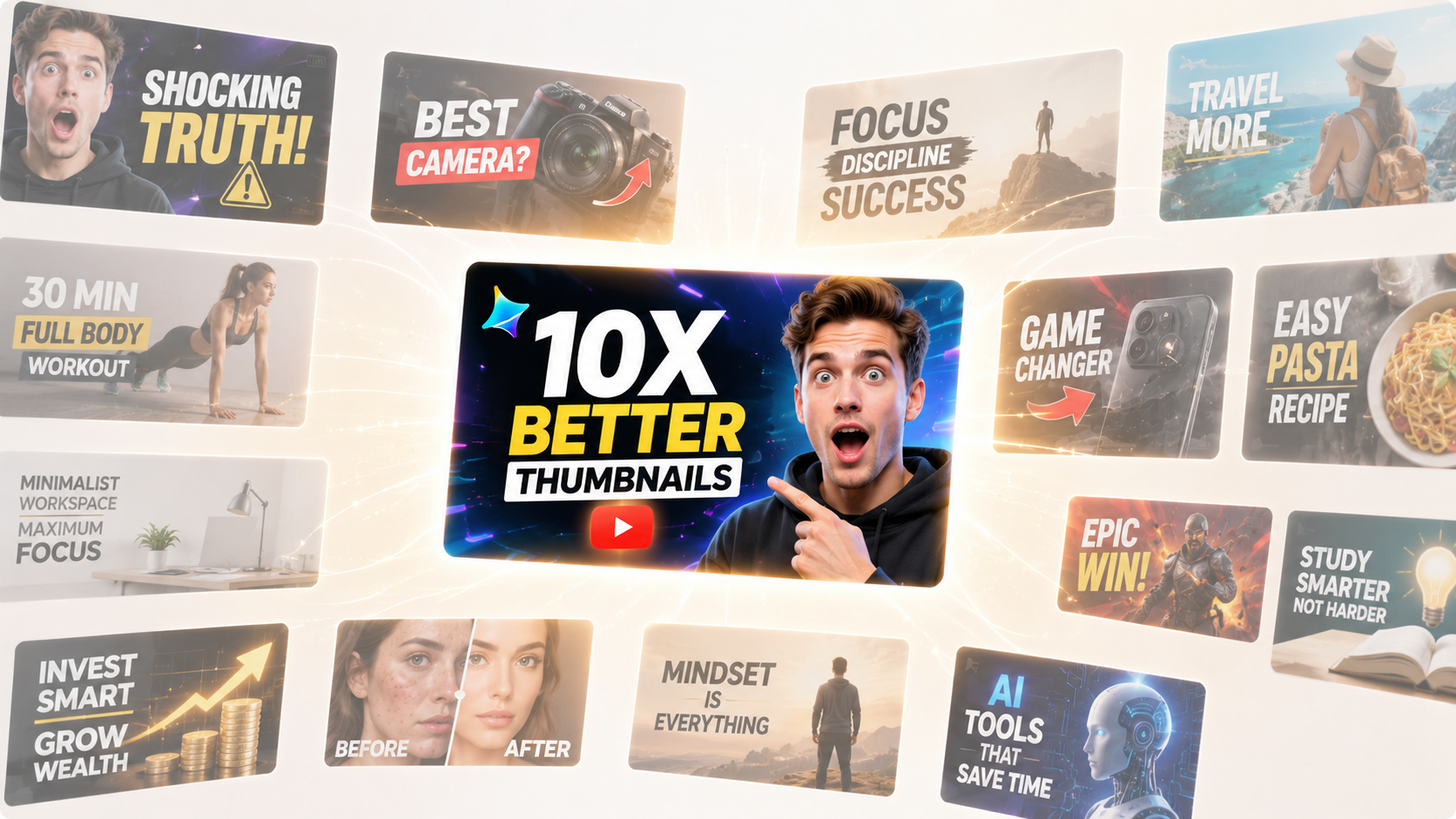 Empfohlener KI-Bildgenerator für YouTube-Thumbnails - Dreamina-Schnittstellenkonzept mit zentralem optimiertem Thumbnail in Verbindung mit umgebenden Stilvarianten