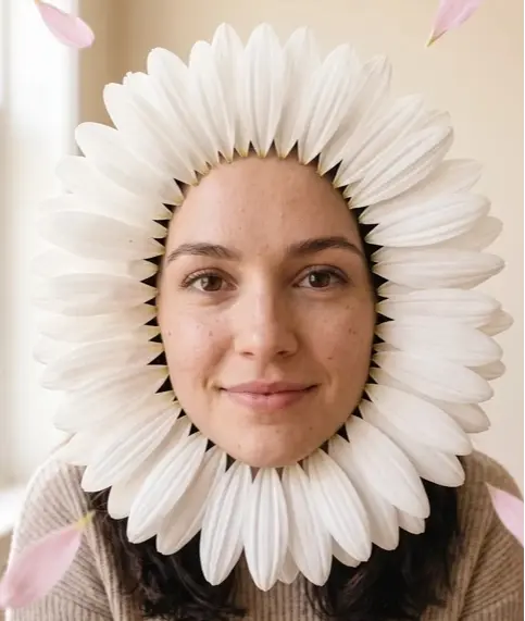 Woman's face framed by a white petal flower halo with a few pink petals floating around her