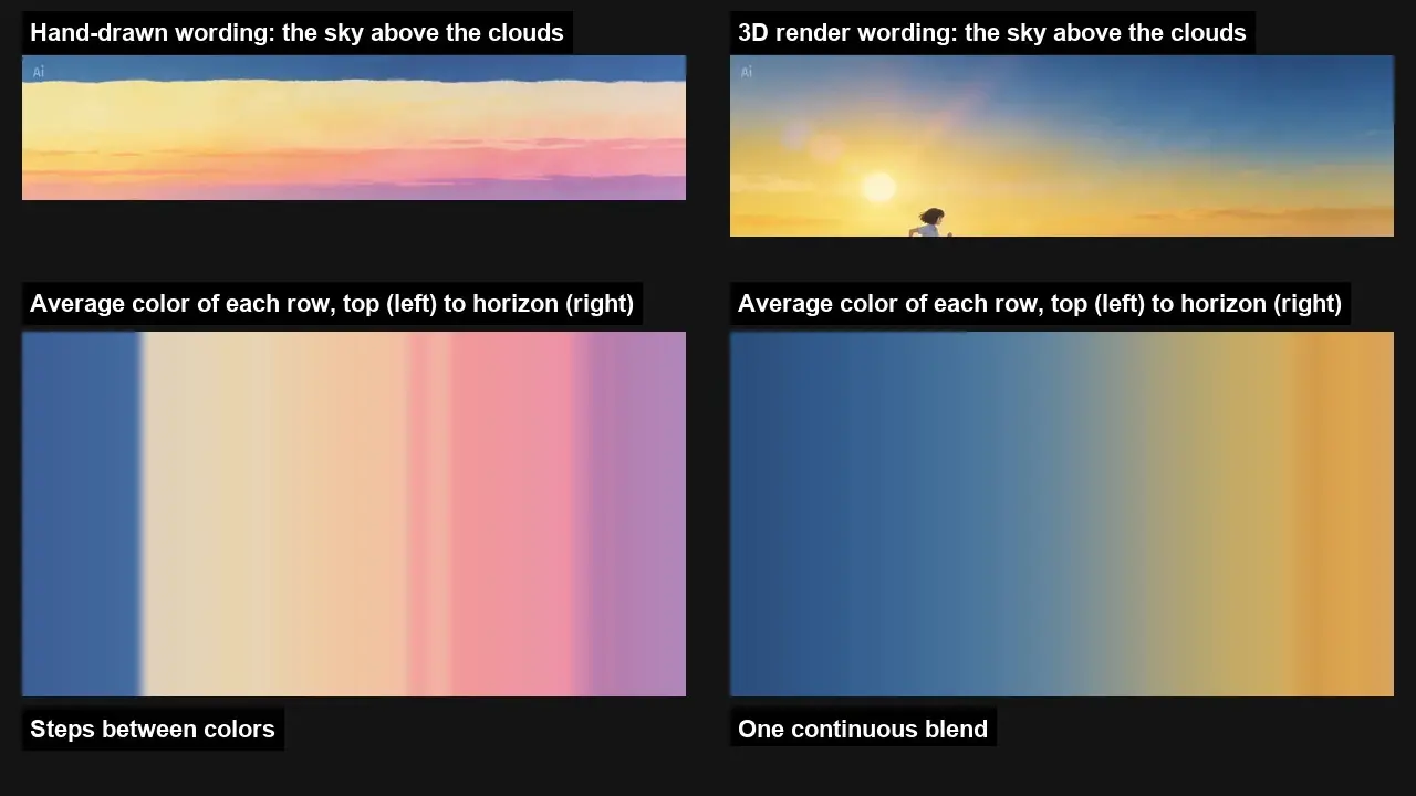 Comparison of hand-drawn and 3D sky scenes with color-step and continuous-blend gradients