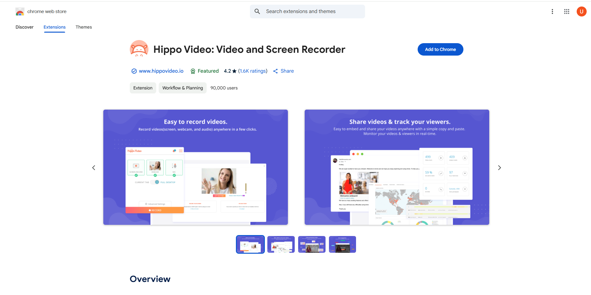 Hippo Video Arayüzü - Chromebook için en iyi ücretsiz ekran kaydedici