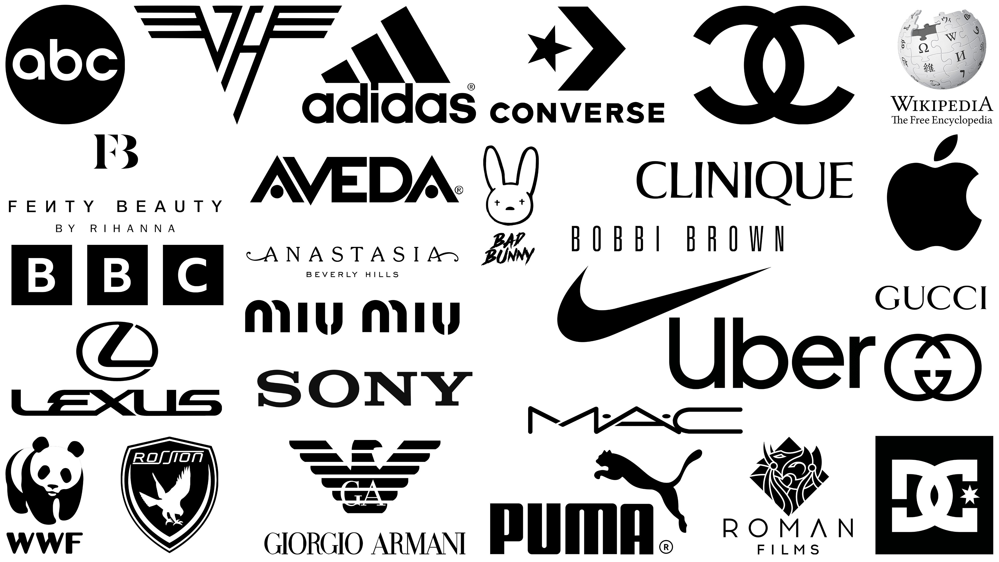 Black, white, and gray color logos of brands