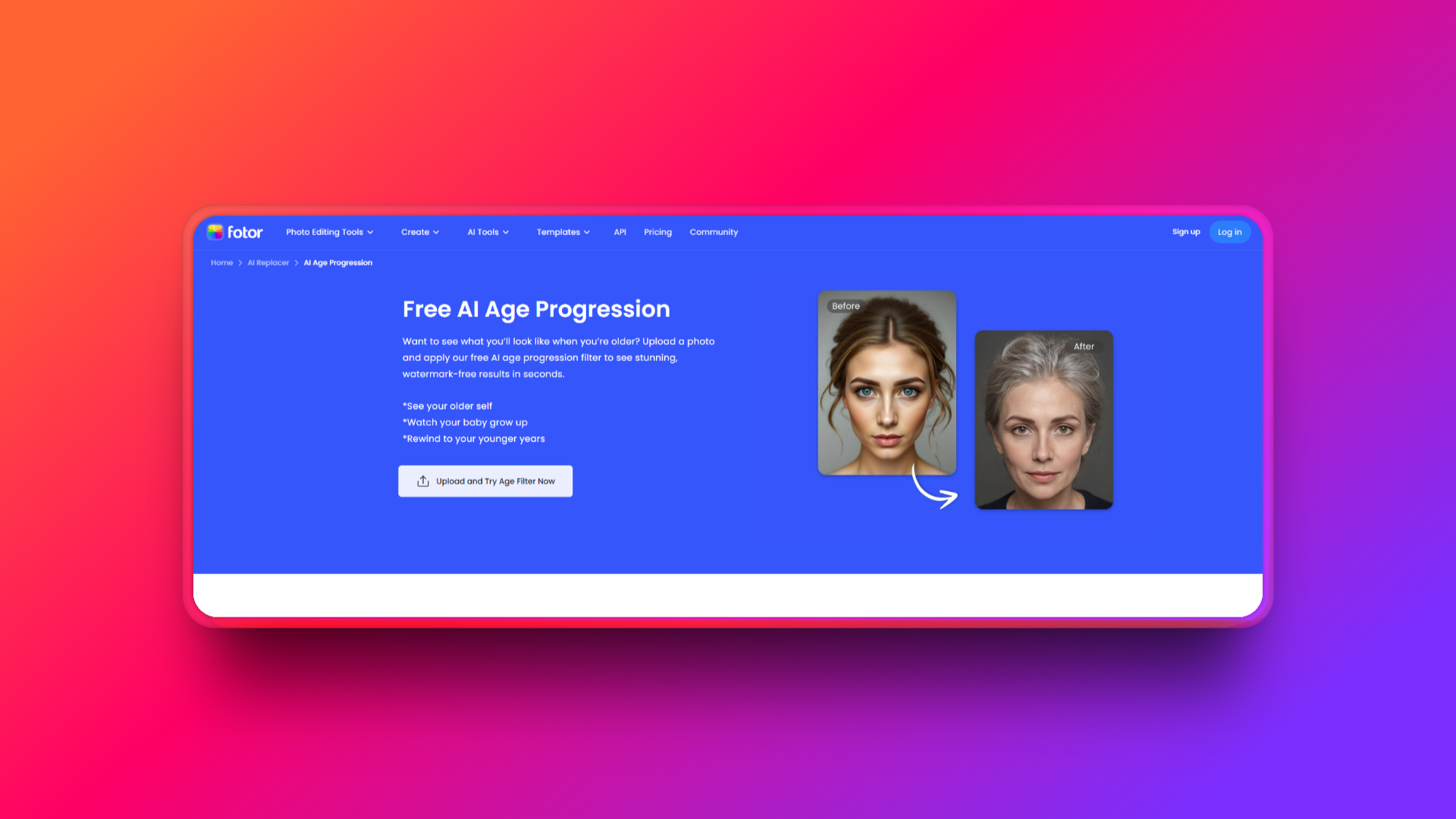 Fotor'un AI yaş filtresi