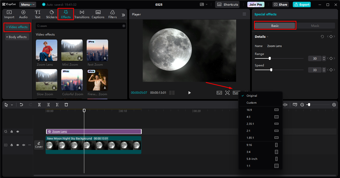 Applying and adjusting the zoom effect in the CapCut desktop video editor
