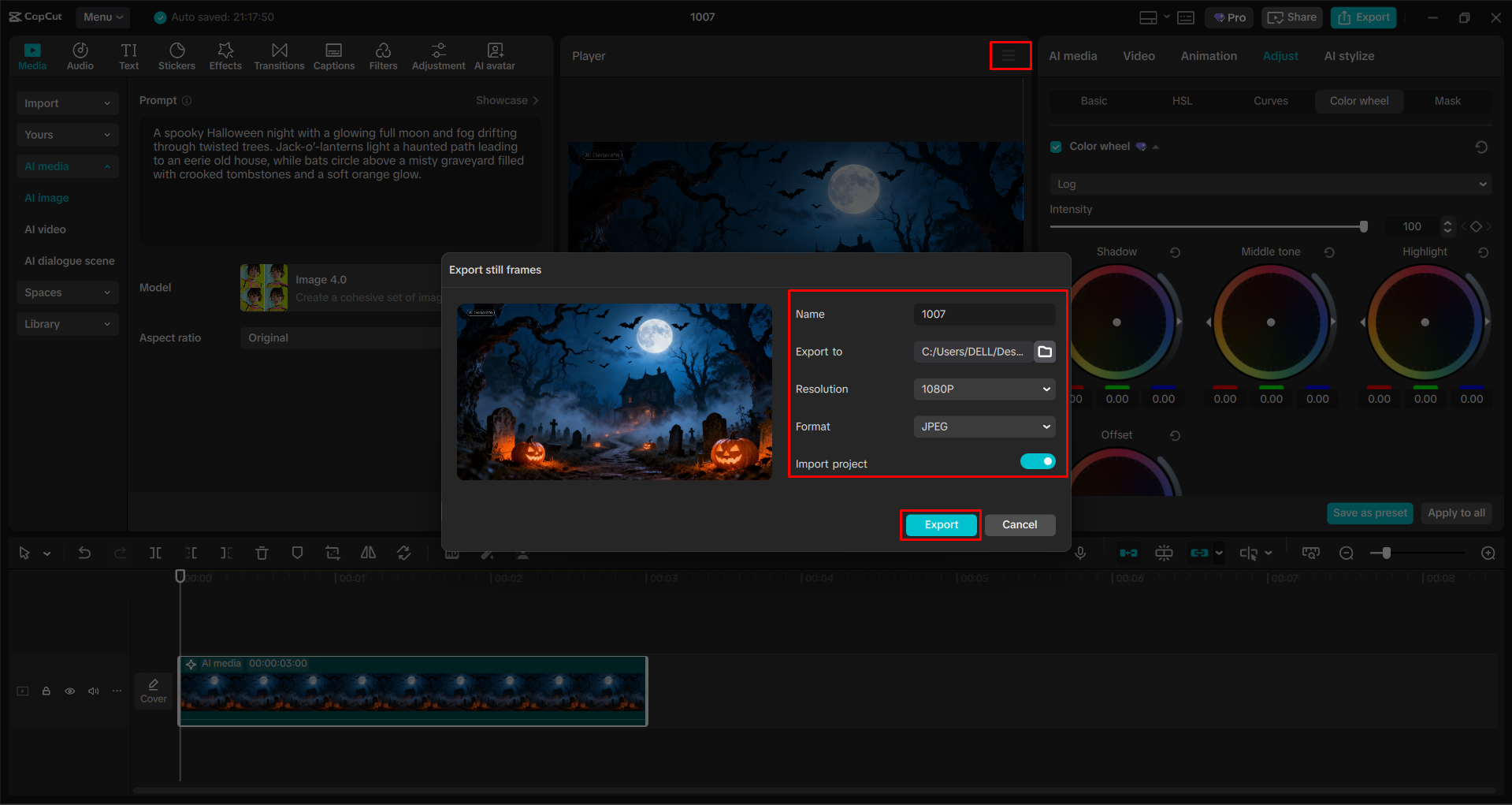 Downloading the background image from the CapCut desktop video editor