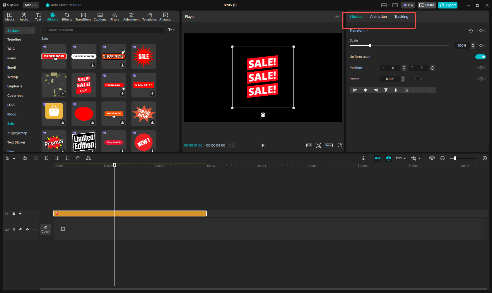 Editing the sticker in CapCut