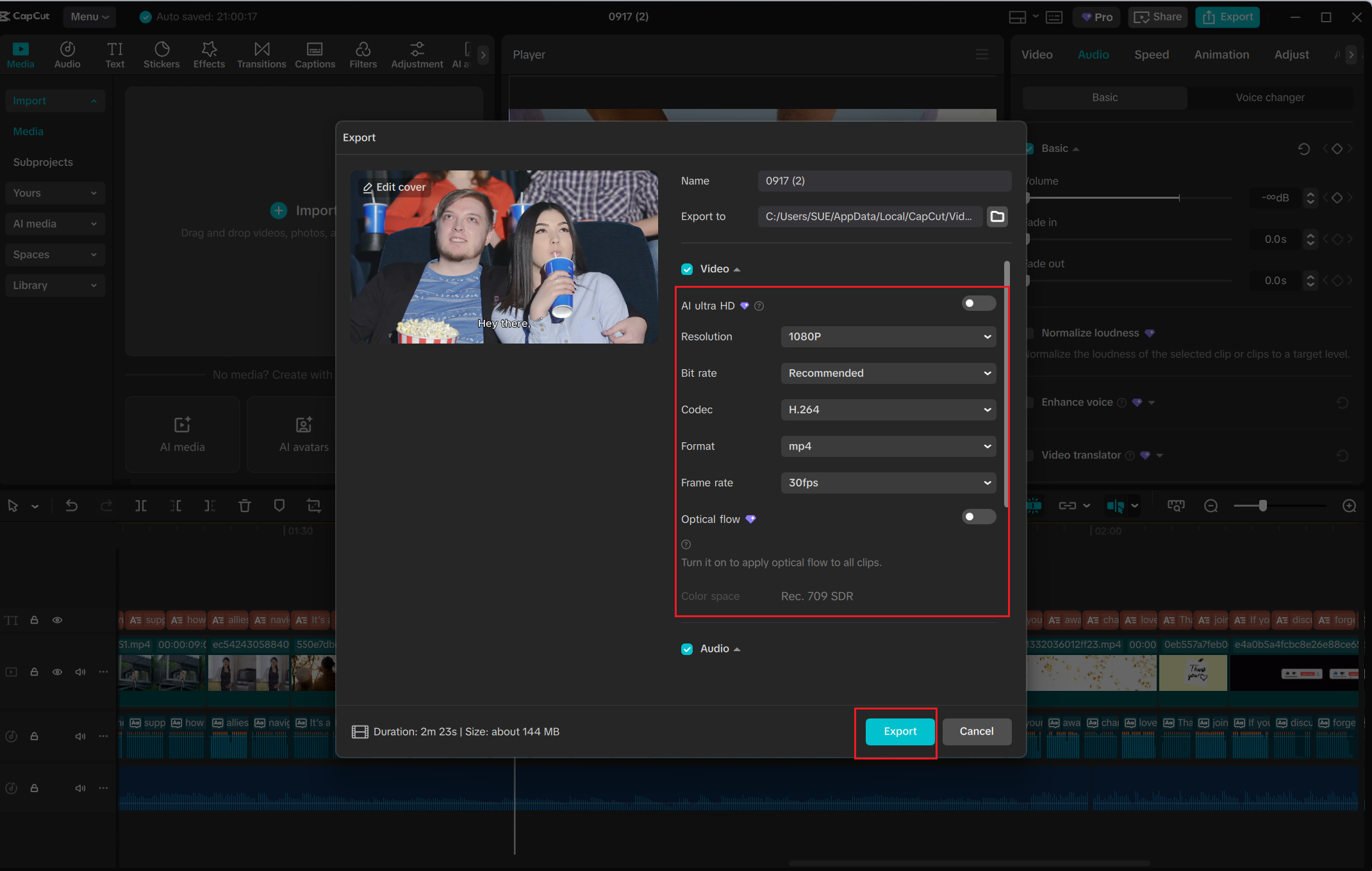 Export settings on CapCut PC — AI script to video generator export