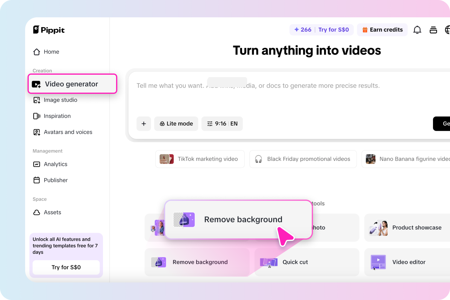 Открытие инструмента для удаления фона в Pippit