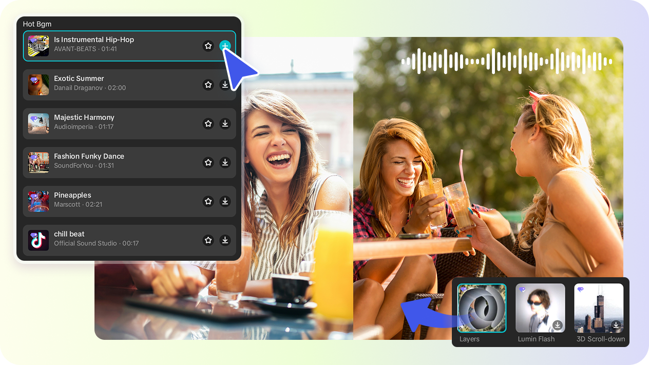 מלאי וידיאו ומוזיקה בחינם מיצרנית קולאז 'הווידיאו AI של CapCut