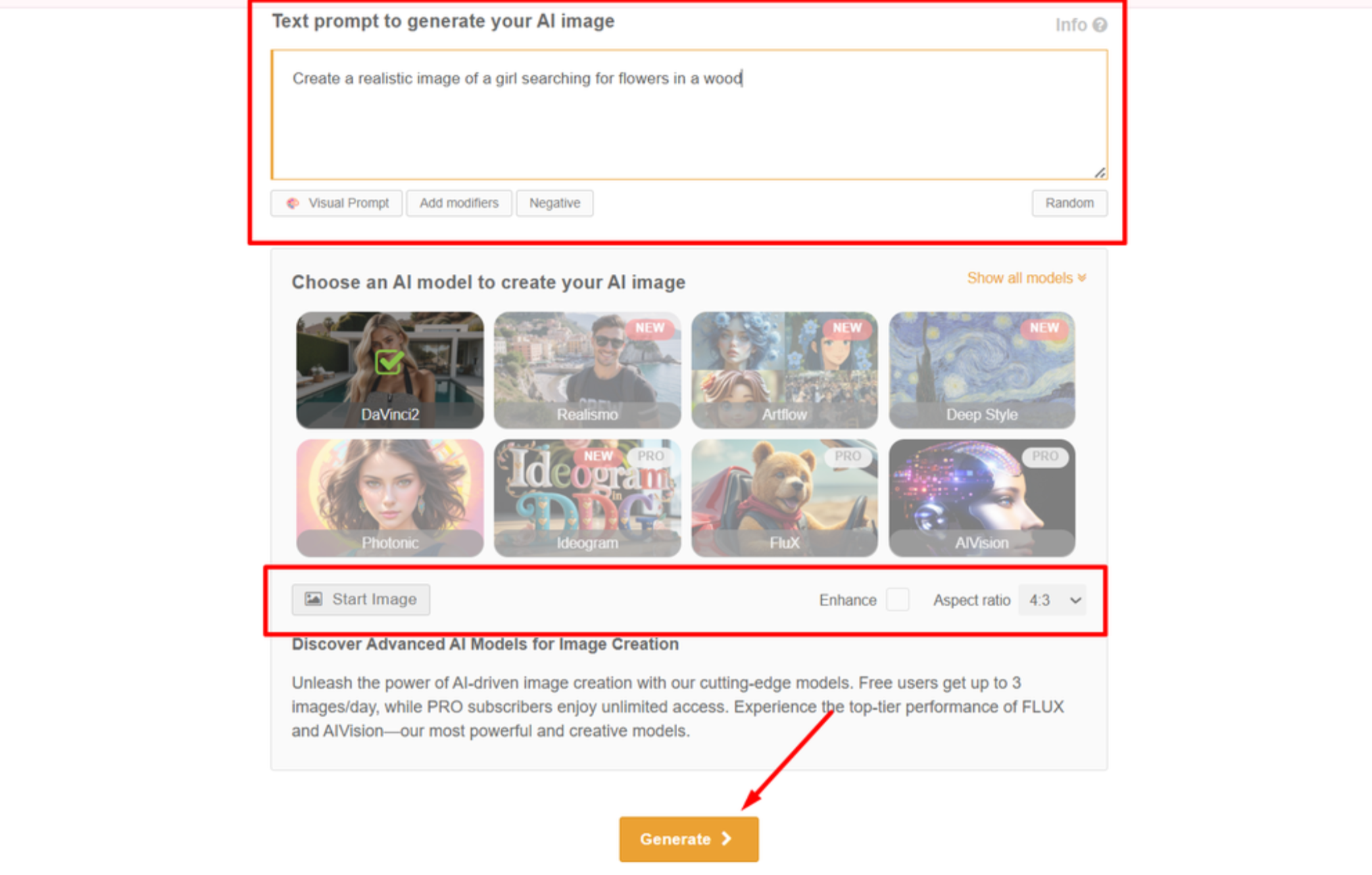 Choosing an AI model and style on Deep Dream Art Generator