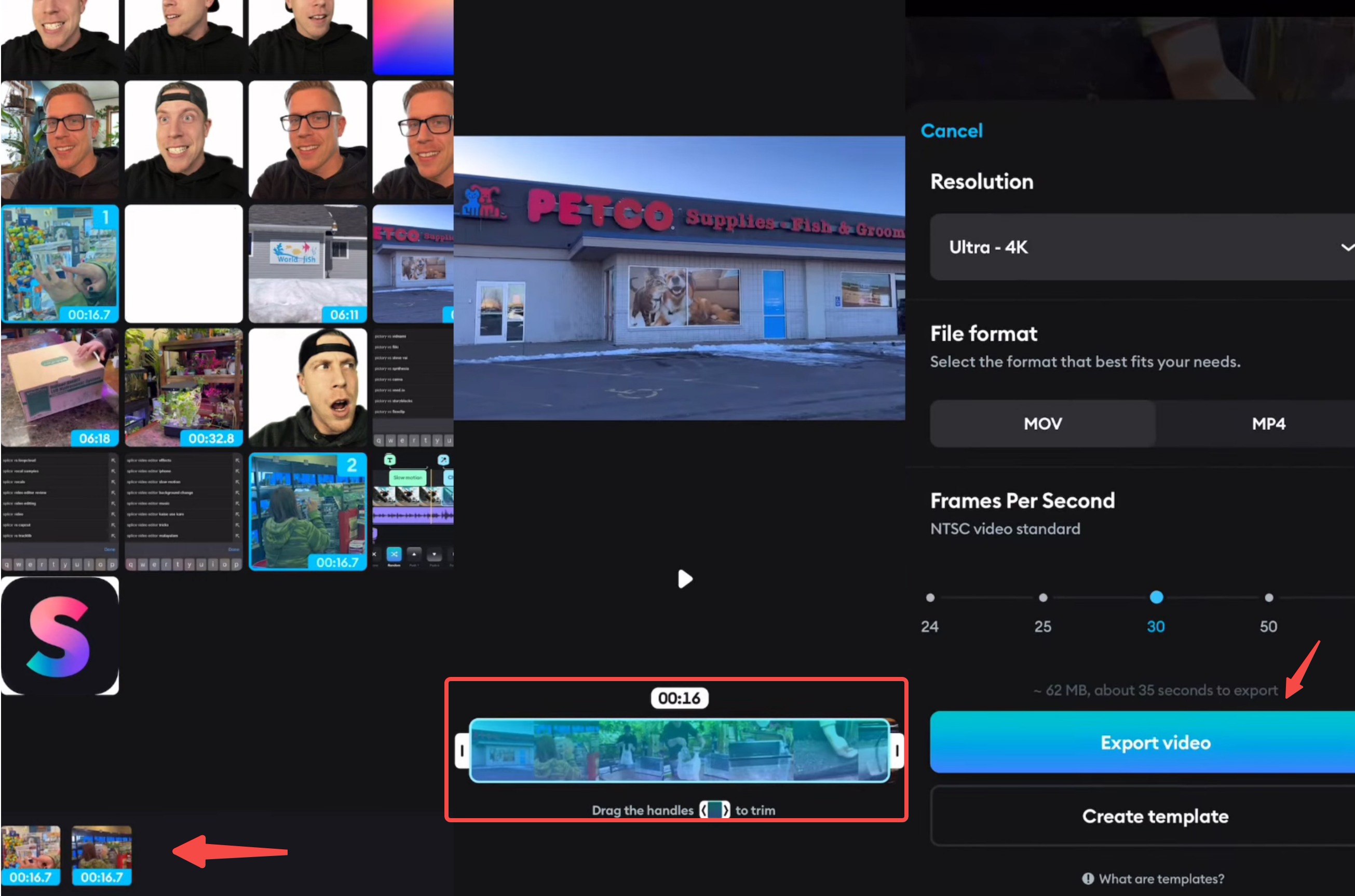 Exporting a video from the Splice video editor