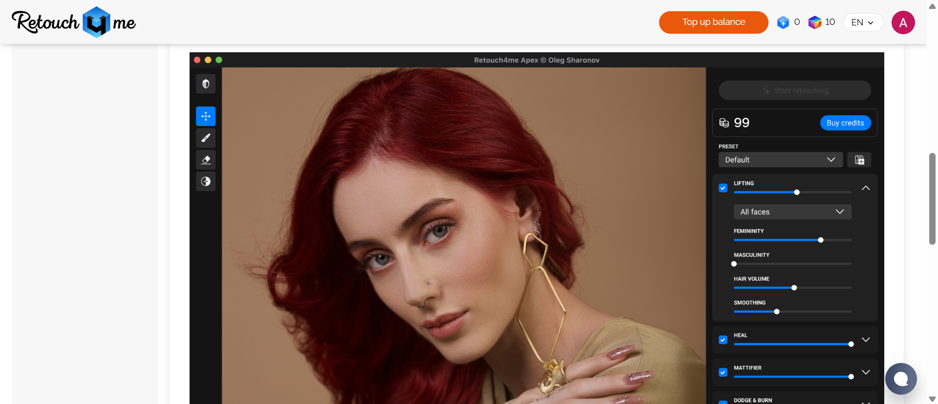 Aplicativo de suavização de fotos Retouch4me