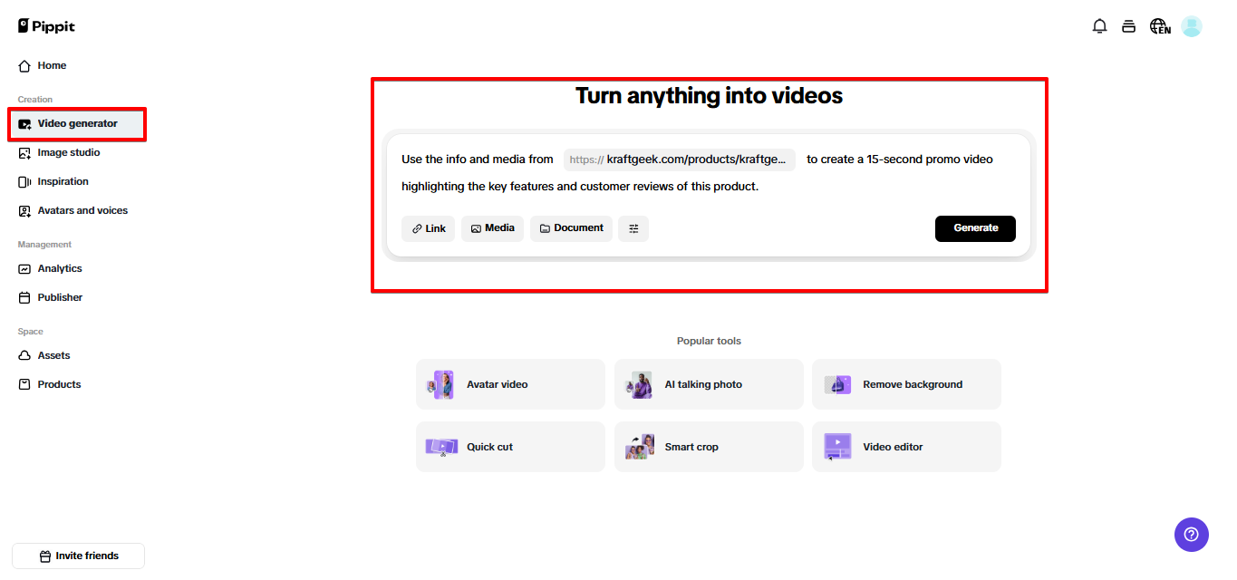 Accessing video generator in Pippit