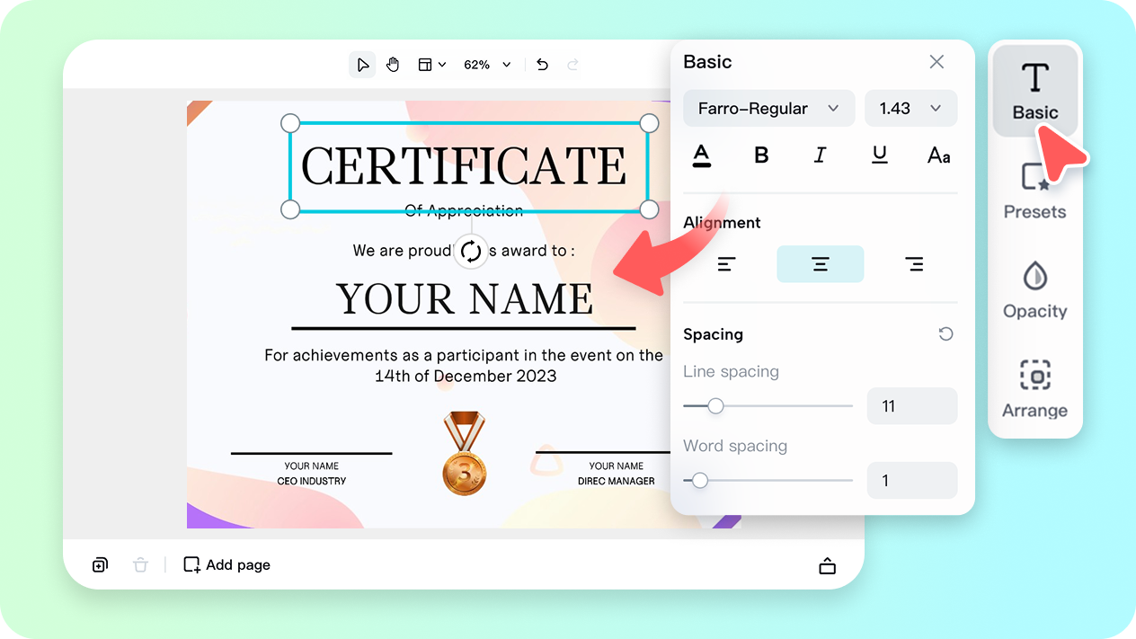 Create unique certificates with editable templates