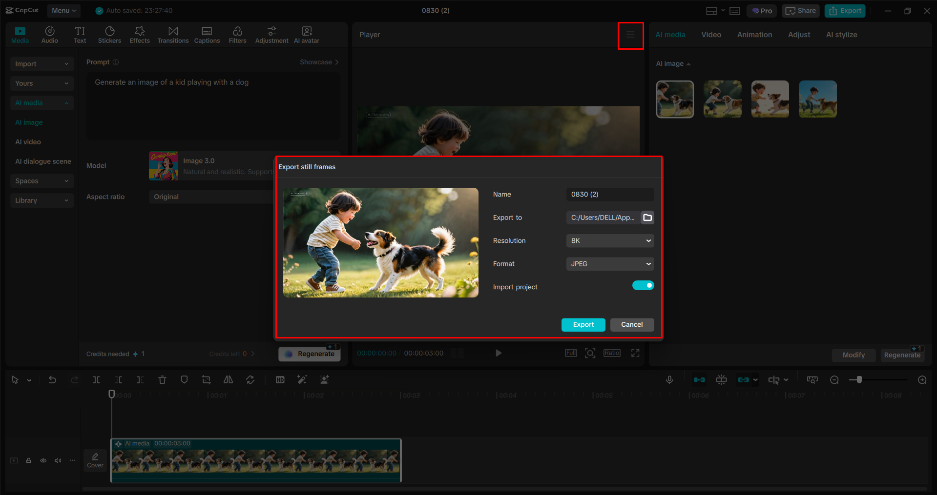 Downloading the AI-generated image from the CapCut desktop video editor
