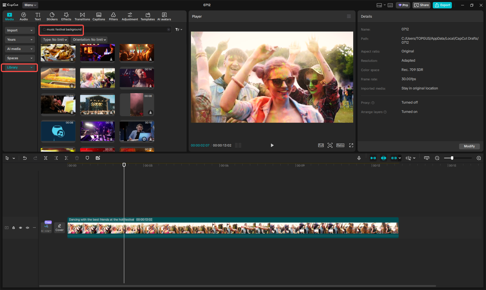 Selecting a video/image for the music festival background in CapCut