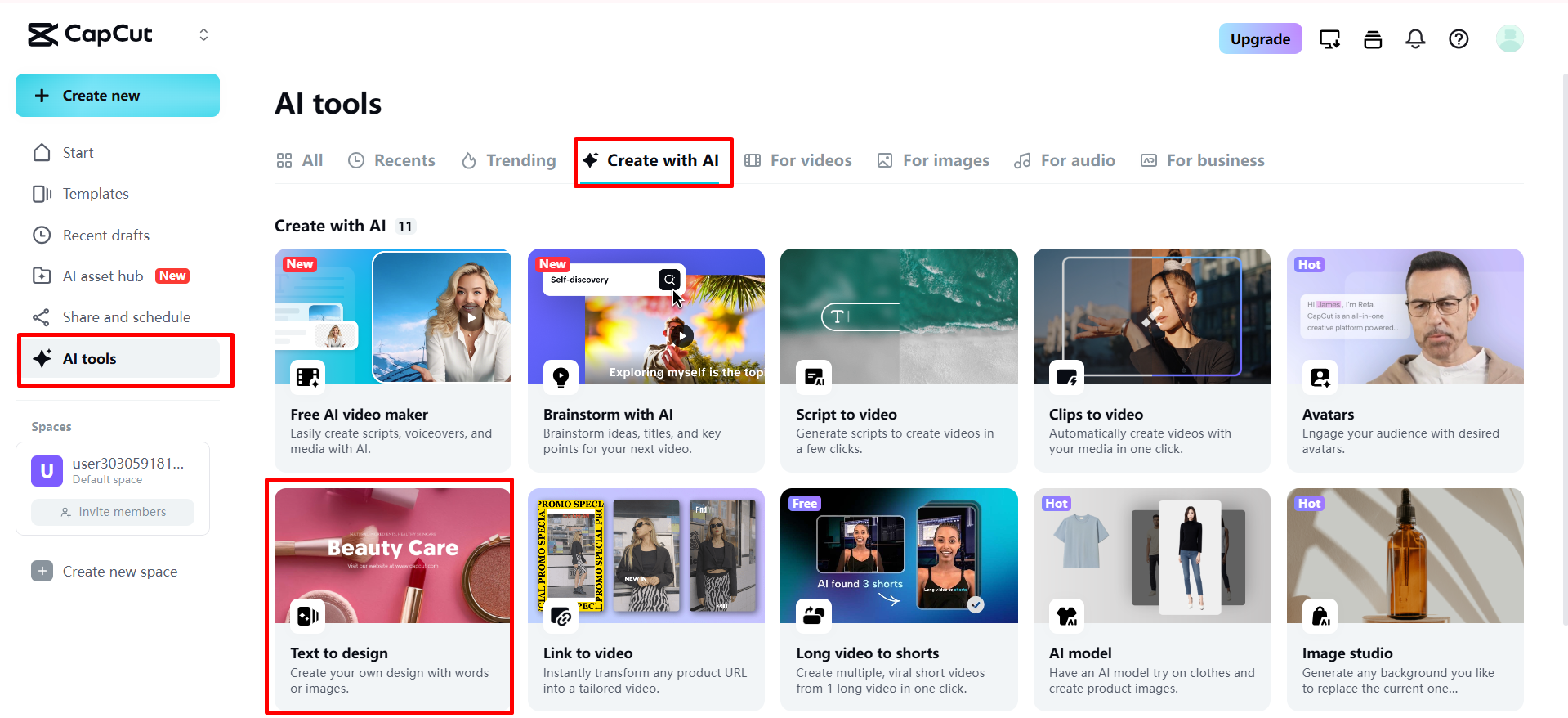 Opening text to design feature on CapCut Web